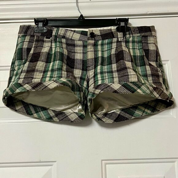 FOX VTG Y2K Academia Plaid Wool Brown Green Ivory Low Rise Mini Dress Shorts 7 S - Picture 1 of 16